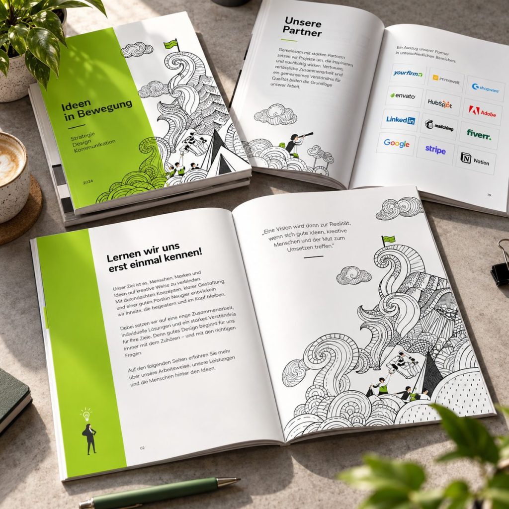 Editorial Design: aufgeschlagene Broschüre mit Illustrationen