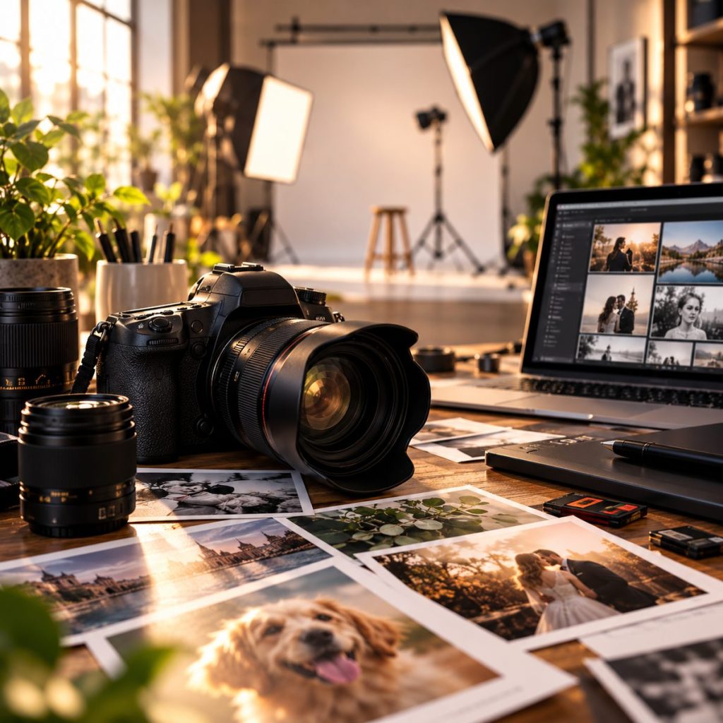 Fotografie: Kamera, Studiolicht und Fotoabzüge am Arbeitsplatz