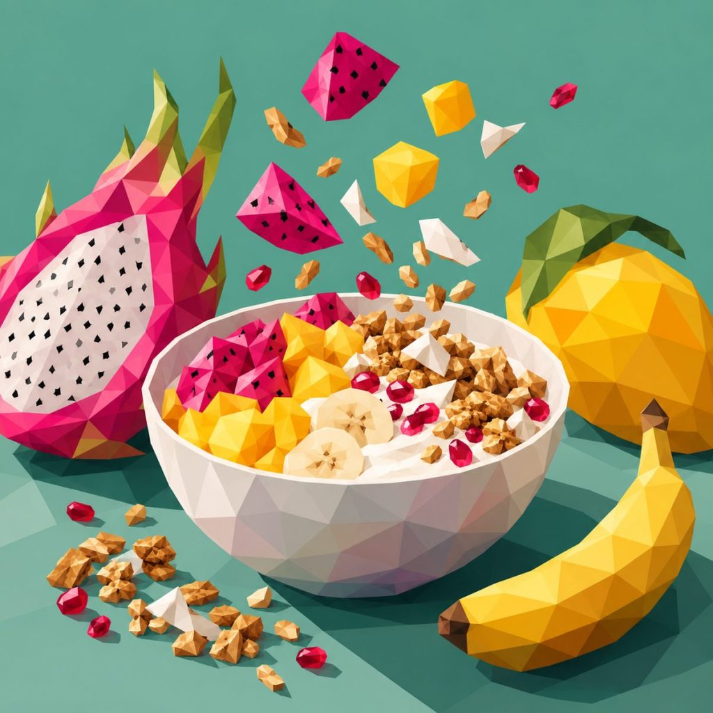 Illustration im Low-Poly-Stil: Bowl mit Früchten