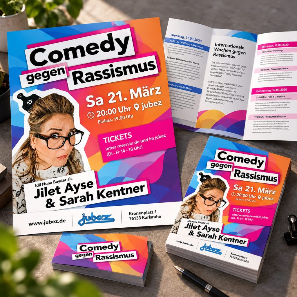 Printmedien: Plakate und Flyer für „Comedy gegen Rassismus“