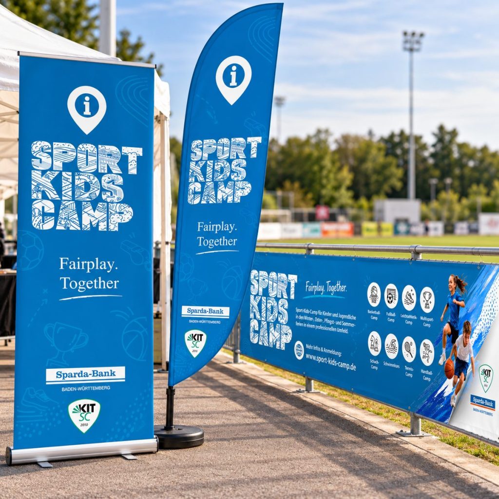 Werbetechnik: Roll-ups, Beachflag und Bannerwand für ein Sportcamp