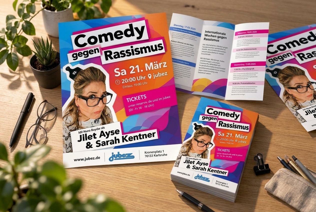 Internationale Wochen gegen Rassismus: Plakate, Flyer und Programmheft auf dem Tisch